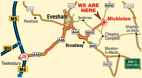Map from M5 Junction 9 to Mickleton