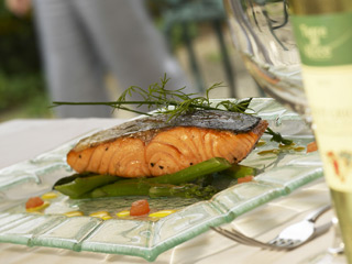 Salmon and chilled White Wine in the summertime at Three Ways House